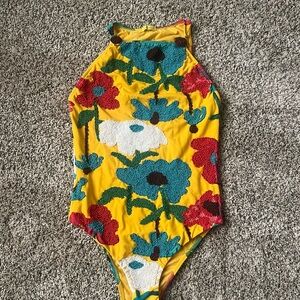 Anthropologie Salinas Beaded Tropics Floral Swimsuit  One Piece Halter